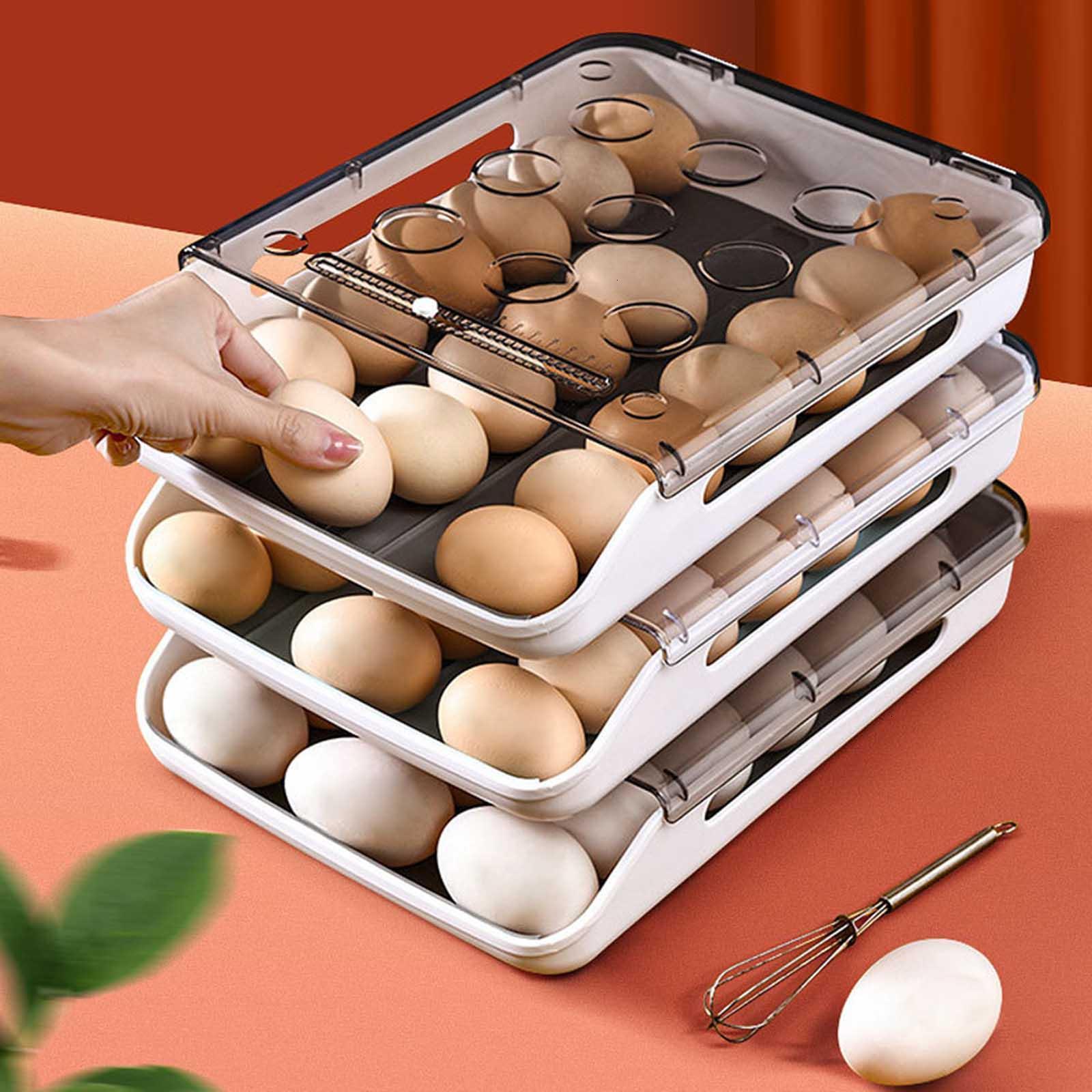 Egg Holder for Refrigerator Automatic Rolling Storage Container Transparent Lid