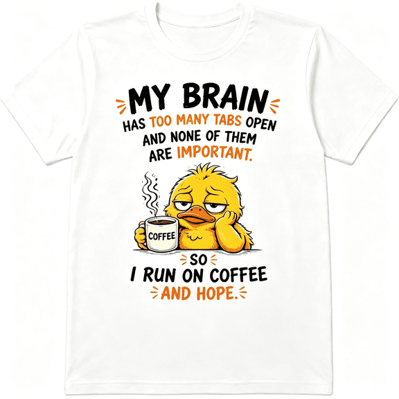 Funny Duck Coffee T-Shirt for Men Women, Cute Meme Graphic Tee “My Brain Has Too Many Tabs Open” Humorous Duck Lover Gift Casual Everyday Shirt