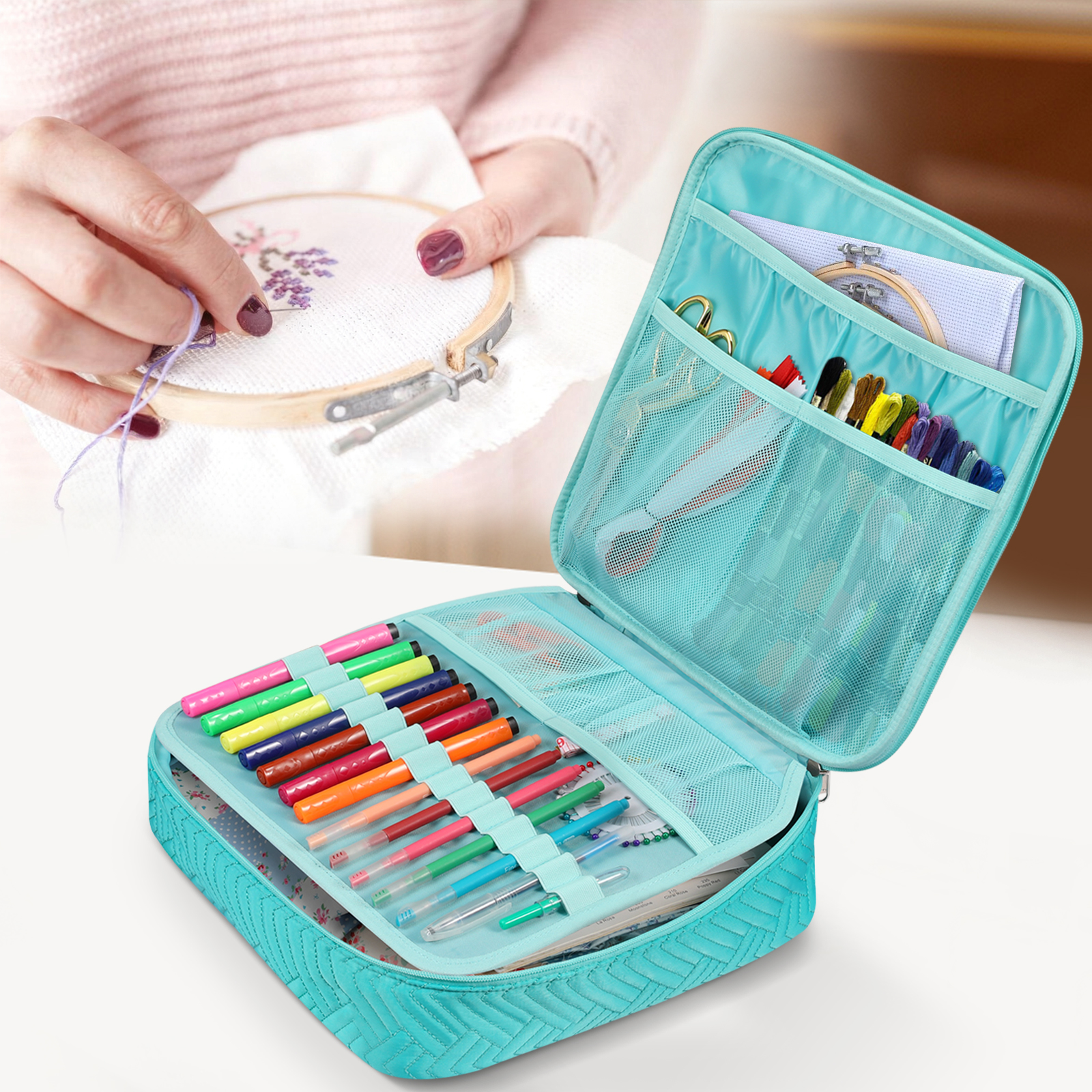 FINPAC Embroidery Bag, Cross Stitch Storage, Square Quilted Tote Organizer with Multiple Pockets for Floss, Hoops, Thread, Stitch Tools Kit [Bag Only], Green