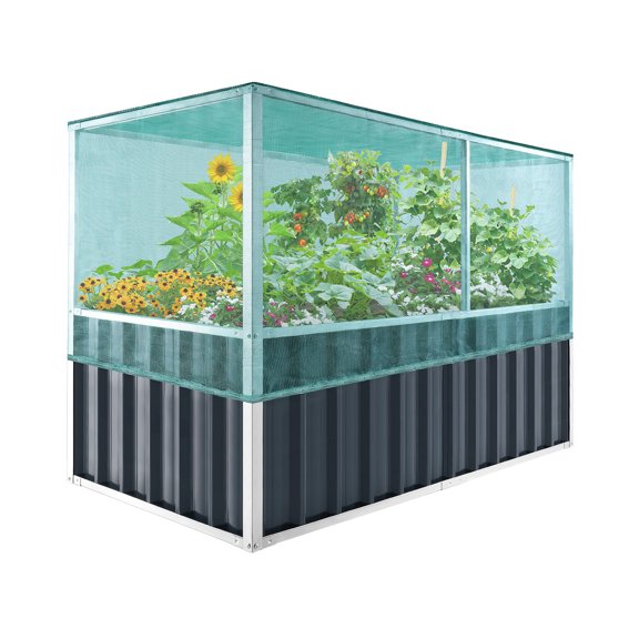 KING BIRD 68" x 36" x 46.5" Raised Garden Bed with Garden Anti Bird Protection Netting Structure Galvanized Steel Metal Planter Outdoor
