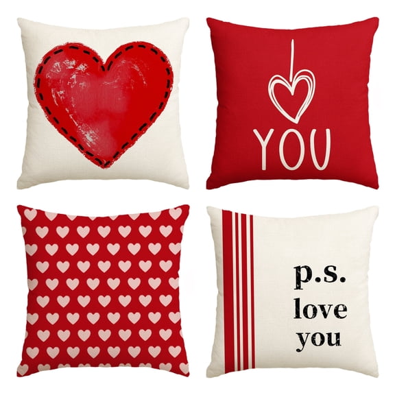 Sm:)e I Love You Valentine Throw Pillow Covers Red Set of 4, 18 x 18 Inch Heart Stripes p.s. Love You Cushion Case Decoration for Sofa Couch