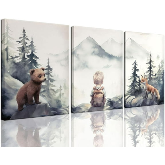 Hieng 3 Piece Nursery Woodland Wildlife Canvas Wall Art Animal Forest Bear Fox Cute Wall Art Decor Poster Print Painting For Boy Baby Children's Room Unframed (only canvas)