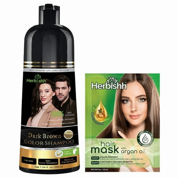 Herbishh Dark Brown Shampoo, Hair Dye Shampoo 3 in 1, 100% Grey Coverage, Demi-Permanent Hair Color for Men & Women, With Hair Mask Cream Combo