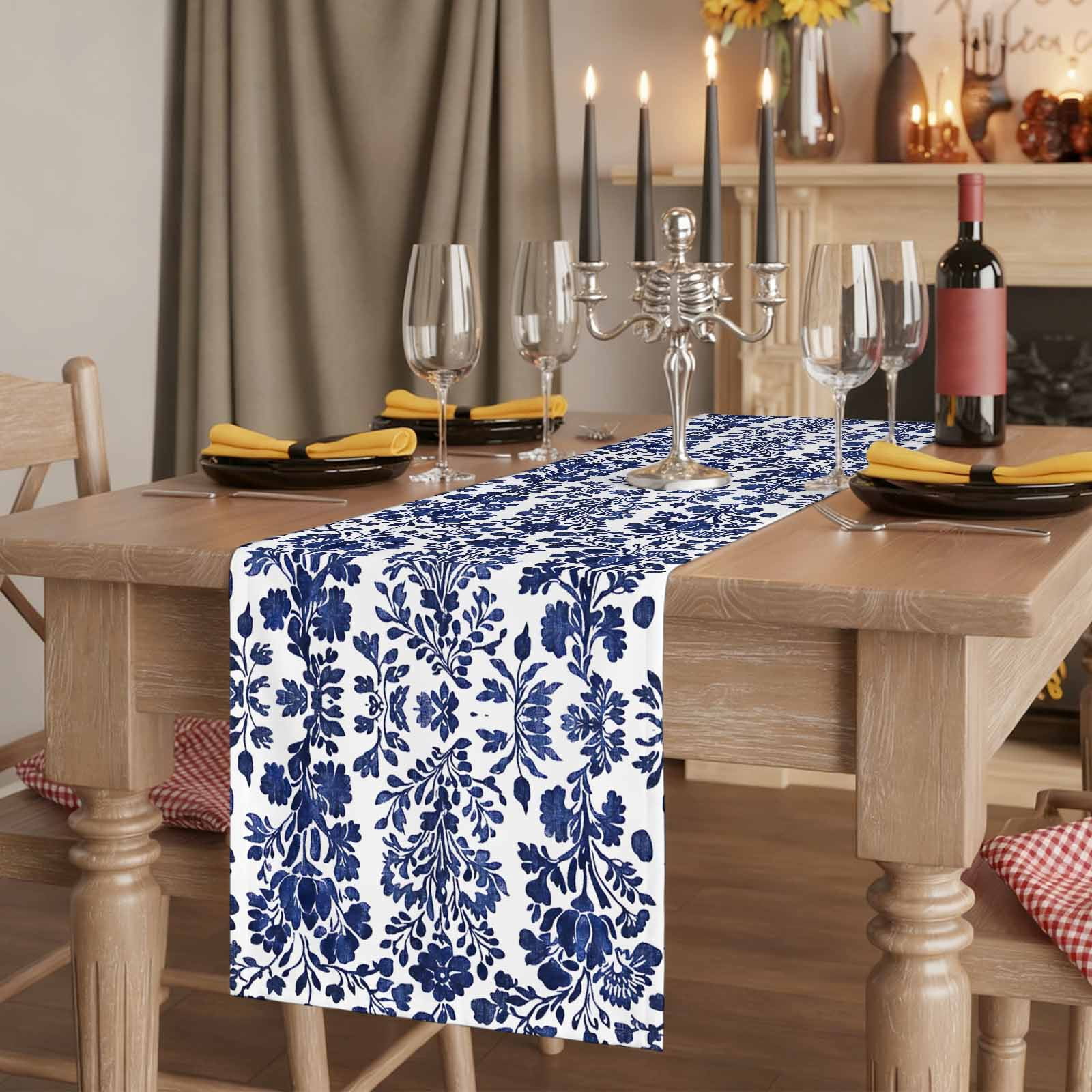 Blue Spring Floral 108 Inch Table Runner, Summer Botanical Farmhouse Farmhouse Dresser Scarf Cotton & Linen Tablerunner for Dining/Kitchen Island/Holiday Party Décor 13" x 108"