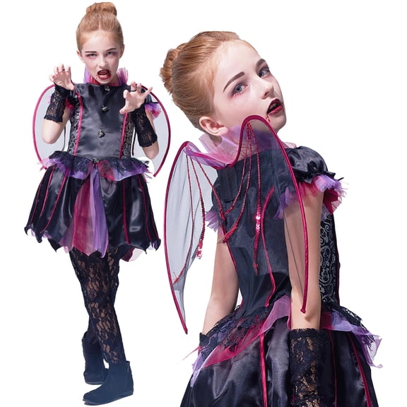 Halloween Vampire Bat Costume with Wings for Girls, Kids Gothic Darkness Fancy Dress Outfit 3T 4T