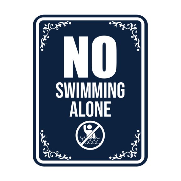Signs ByLITA Portrait Round No Swimming Alone Door or Wall Sign Durable ABS Plastic | Laser Engraved | Easy Installation | Pool Safety Sign (Navy Blue / White) - Large
