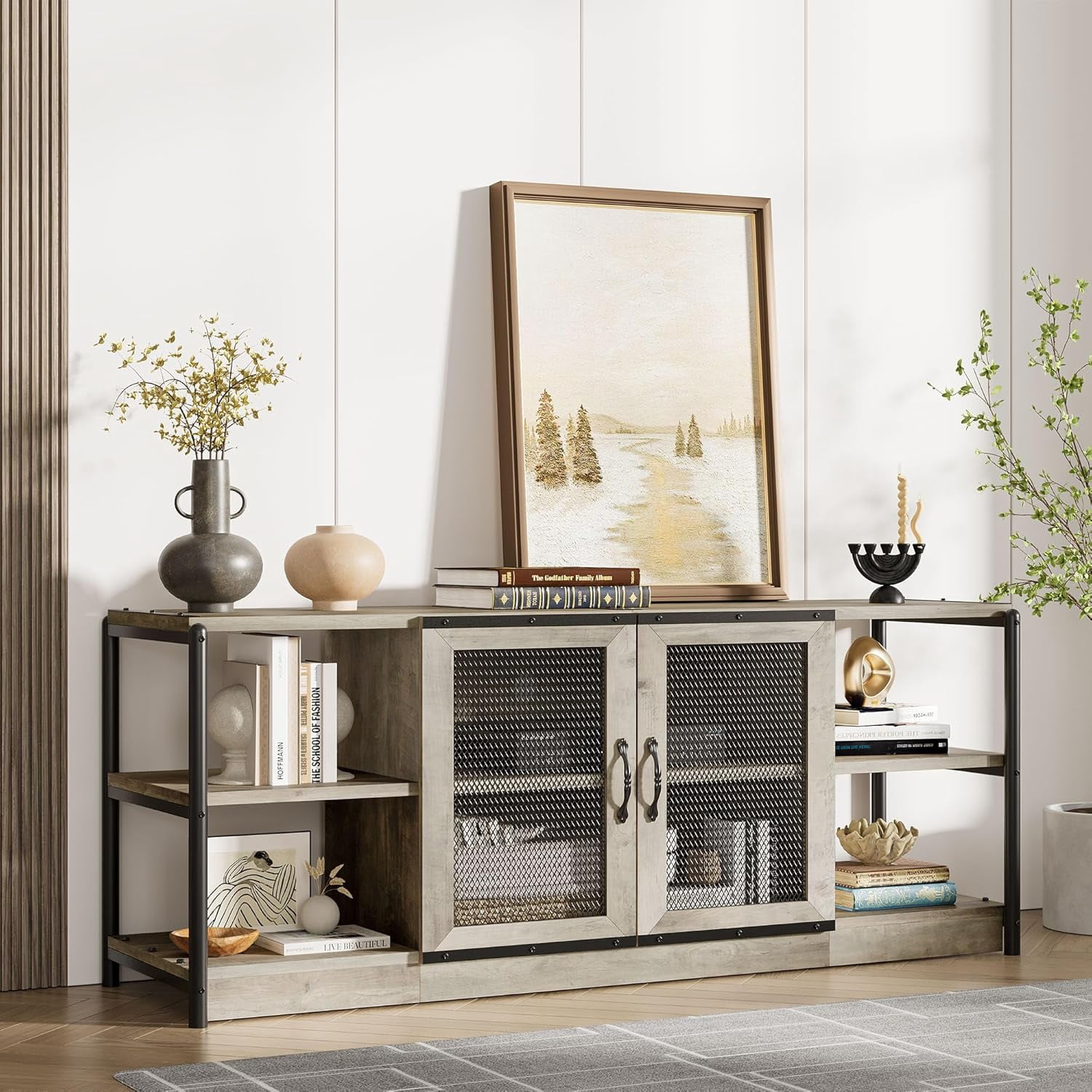 Twister.CK TV Stand for TVs up to 75", Entertainment Center with Storage Cabinet, Rustic TV Media Console Table for Living Room, Gray