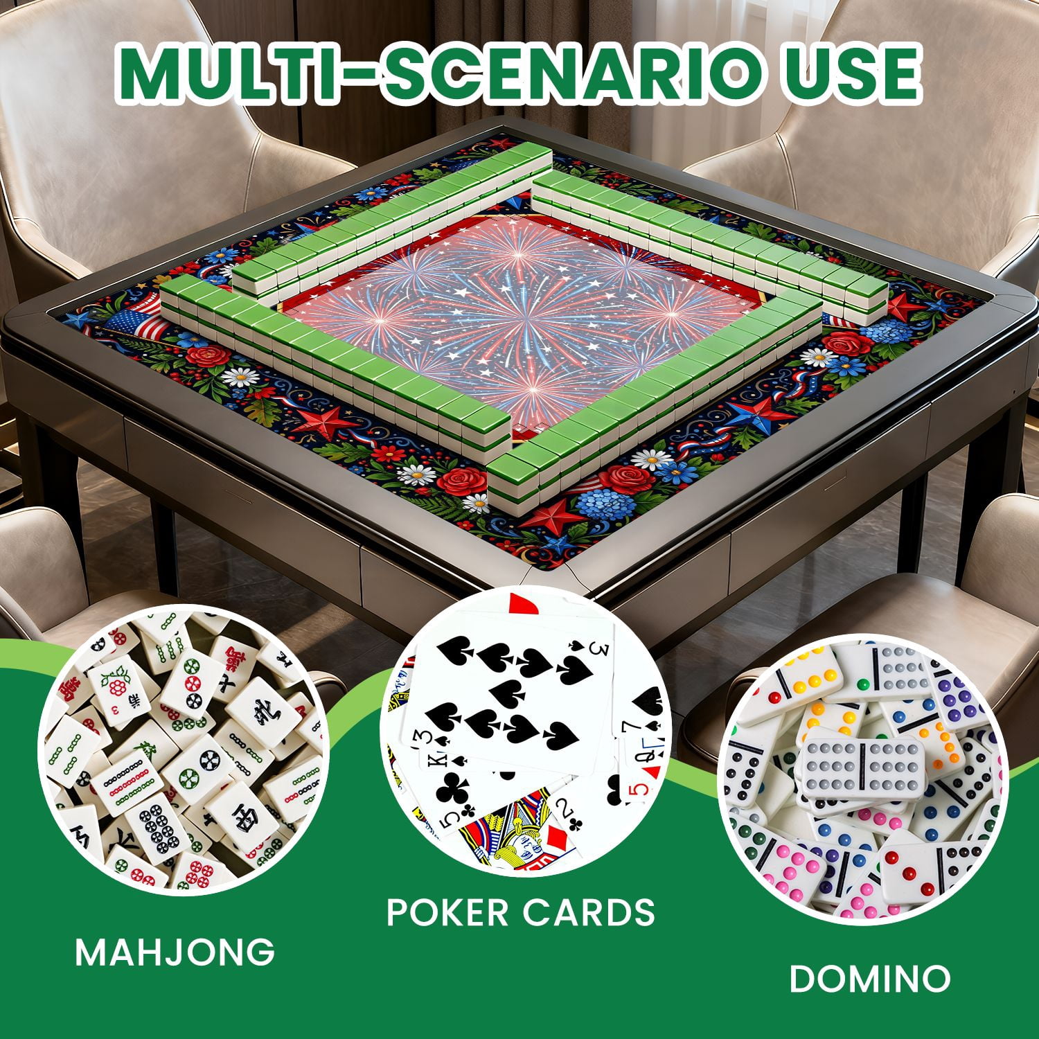Mahjong Mat 31.5" x 31.5" Patriotic Fireworks American Flags Floral Borders Non-Slip Noise Reduction American Mahjong Tiles Table Cover for Dominoes Poker Card Board Games Gift