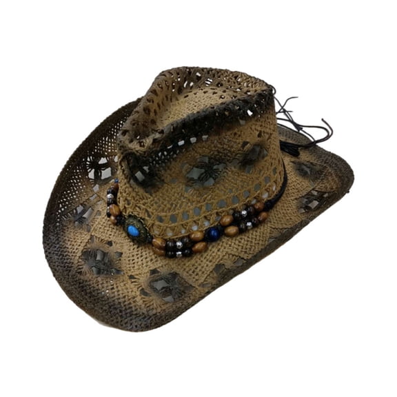 WGRFFH Straw Cowboy Hat for Men Womens,Woven Sun Hat Western Cowboy Hat with Decorative Bands,Hollow Out Wide Brim Sun Beach Hat,UV Protection,Lightweight, All-Season Black