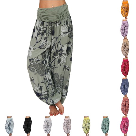 XIAOCHA Women's Floral Harem Pants Fold Over Waistband Baggy Fit Casual Trousers