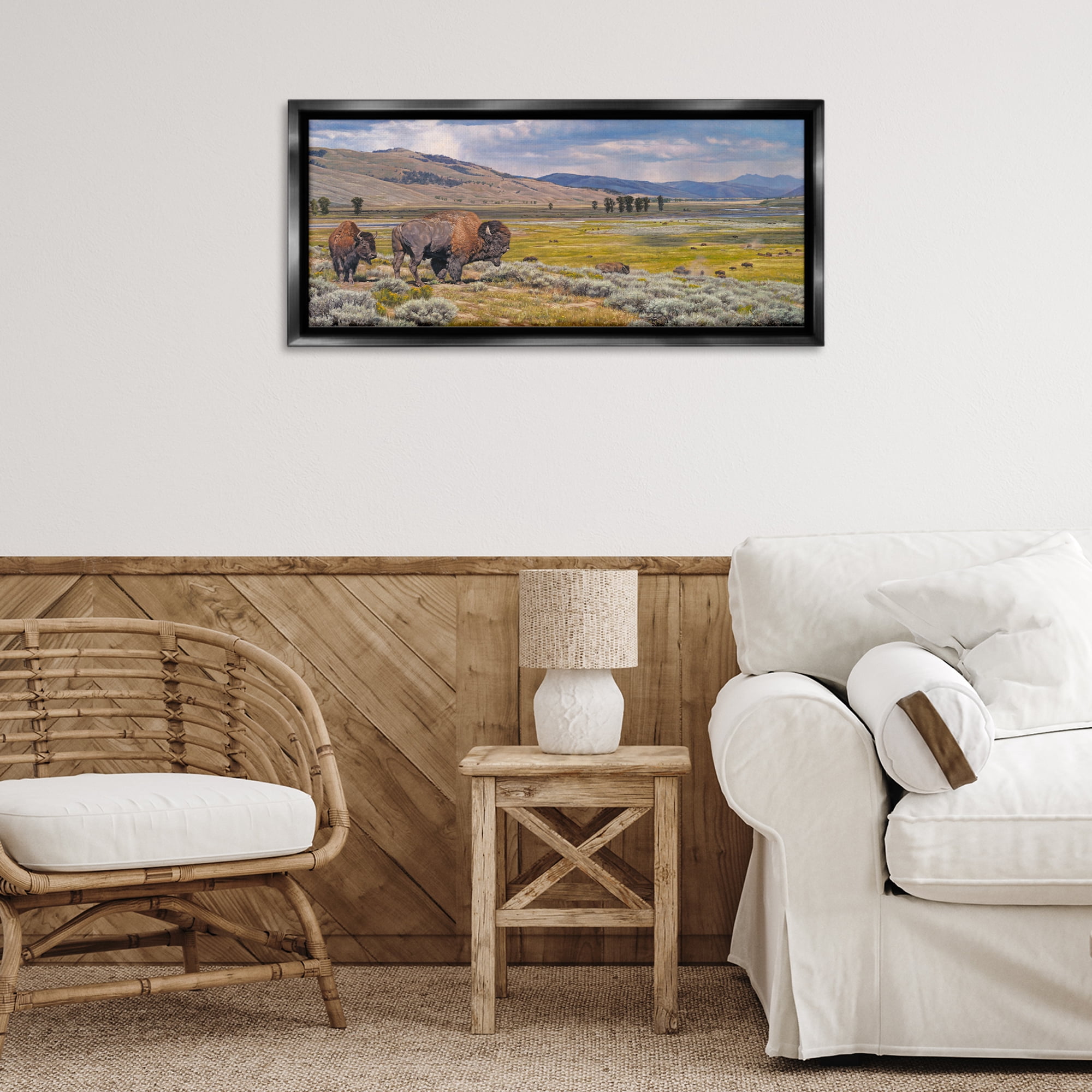Stupell Industries Roaming Southwestern Bison Landscape Painting Black Floater Framed Art Print Wall Art, 31 x 14