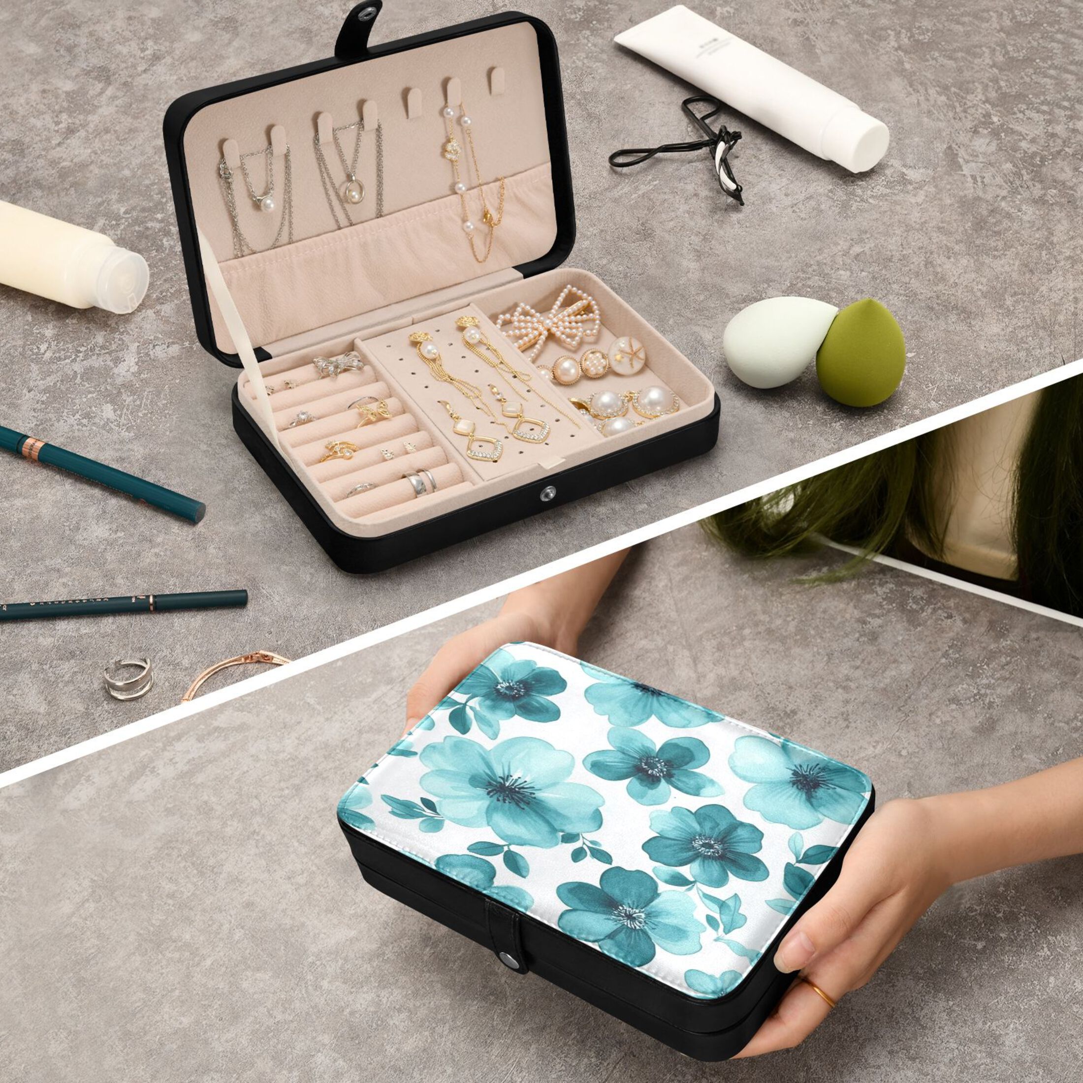 Leather Jewelry Box Rectangular 8.27x5.5x1.78In Travel Jewelry Storage Earrings Necklace Bracelet Watch Brooch Storage Cartoon Navy Flowers Seamless