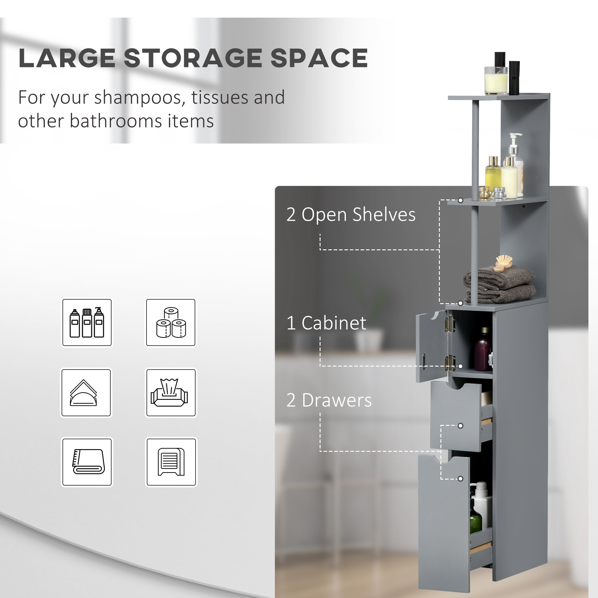 HOQBN 54" Tall Freestanding Bathroom Storage Cabinet with 2‑Tier Shelf and Drawers, Multipurpose Storage Cabinet for Bathroom Laundry Room Home, Grey