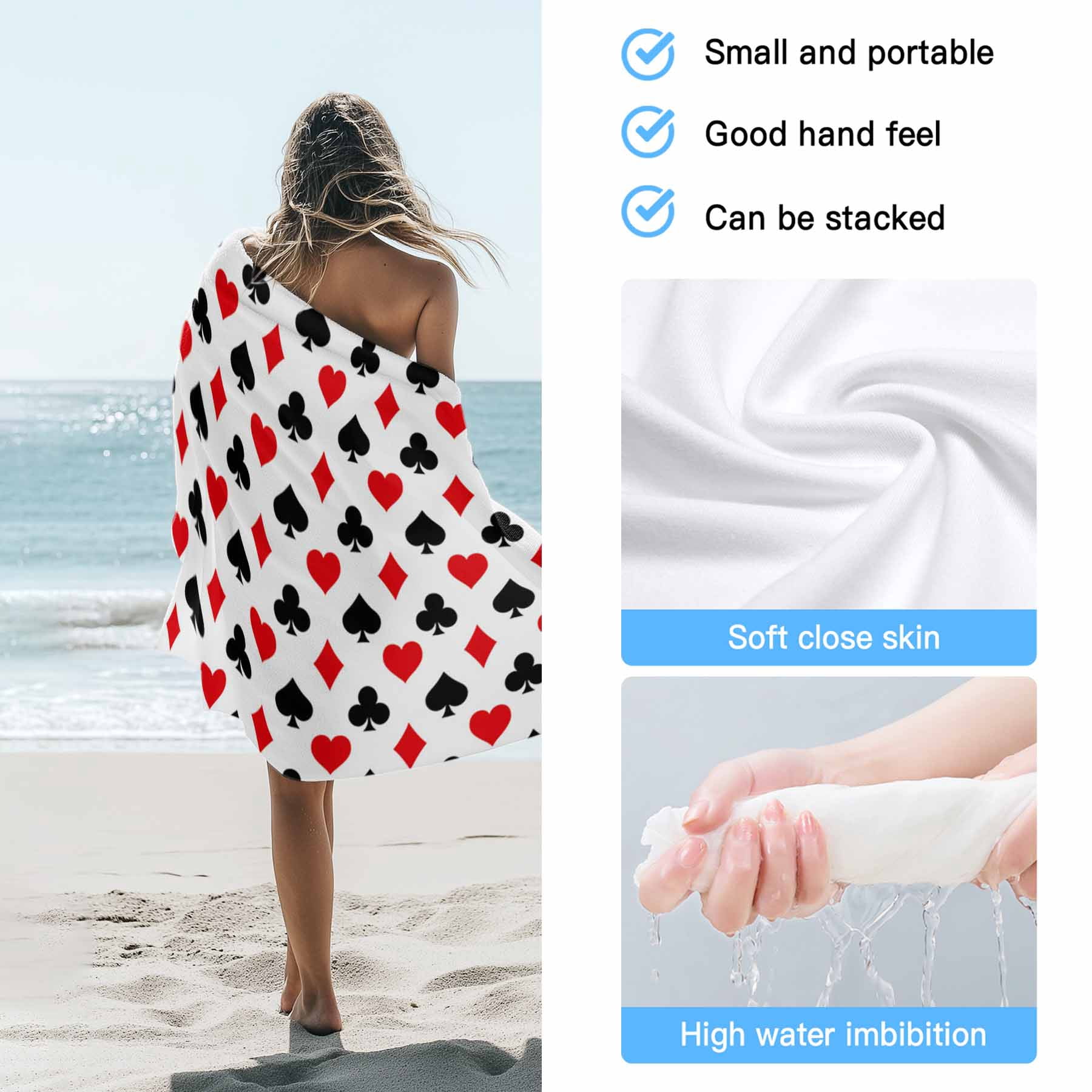 Poker Game Texture Beach Towels Blanket Soft&Absorbent Quick Dry Microfiber Red Black Casino Pattern Pool Towels for Swimming ,Yoga, Sports, Gym, Camping,Large 30X60in,