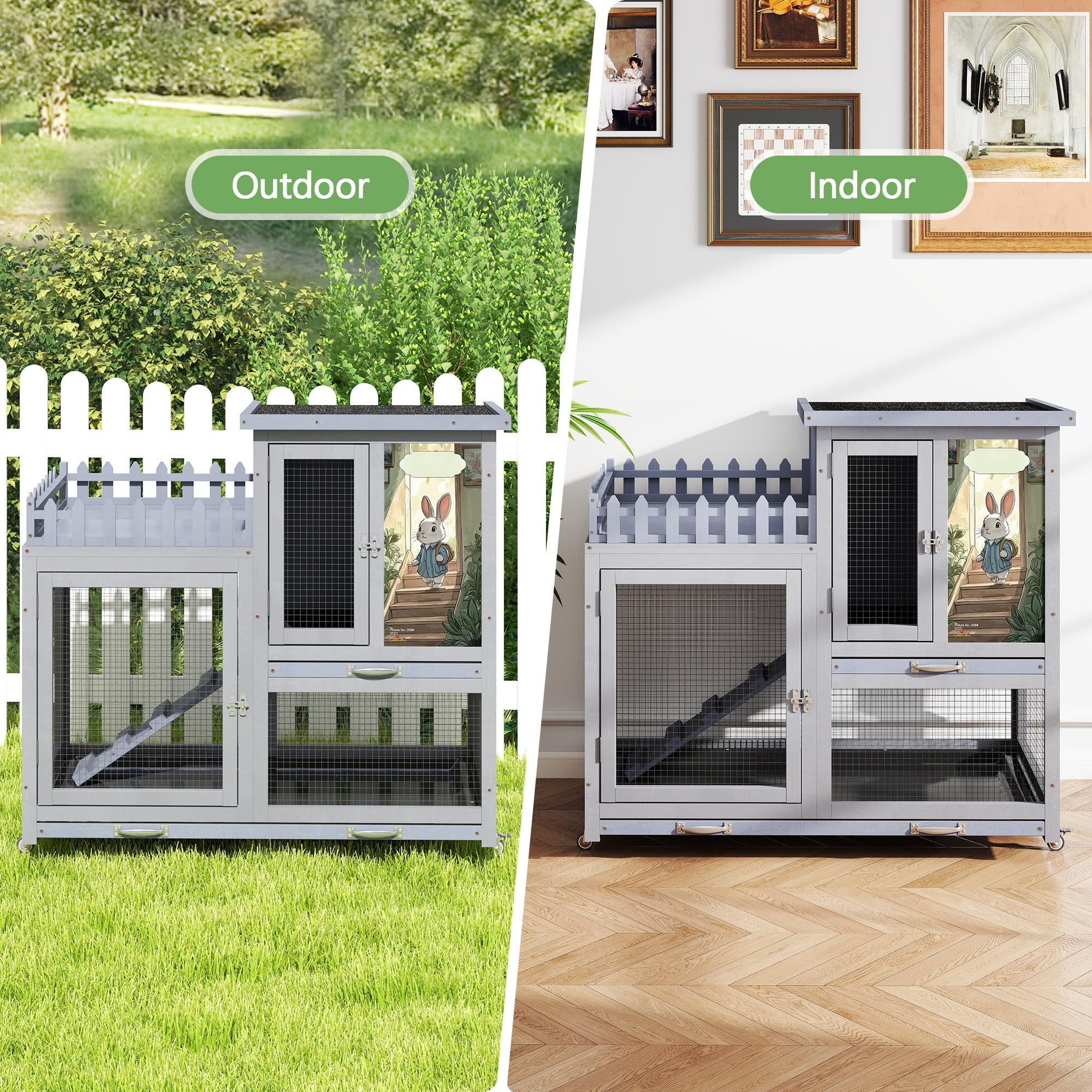 Wooden rabbit cage with balcony, rabbit cage with wheels, suitable for indoor and outdoor use, includes rabbit cage, removable tray, gray with pattern