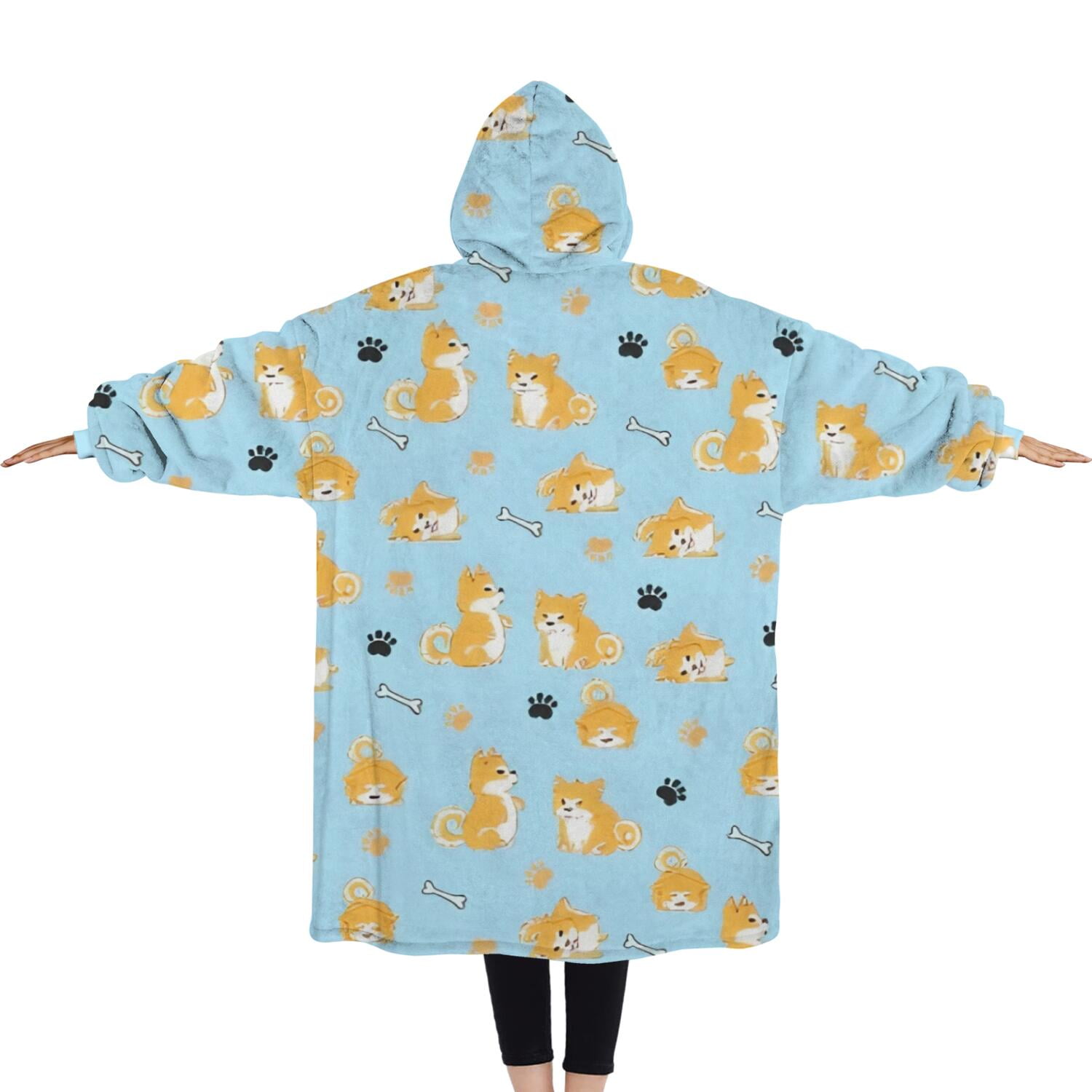 Oversized Wearable Blanket Hoodie,Cute Shiba Inu Sherpa Blanket Hoodie with Super Pockets,Super Warm Fuzzy Pullover for Women & Men
