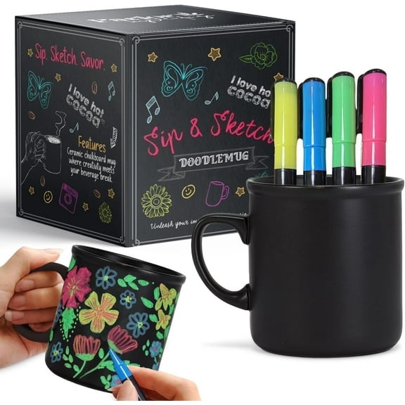 Parlor by Vintage 11 oz Sip & Sketch Doodle Mug Set - Ceramic Chalkboard Mug w/ 4 Washable Markers
