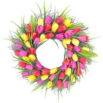 18 Inches Tulip Front Door  Decoration, Spring Silk Artificial Flowers with Green Leaves for Window Wall Wedding Valentines and Mother Day Decor, Yellow and Pink Wreath