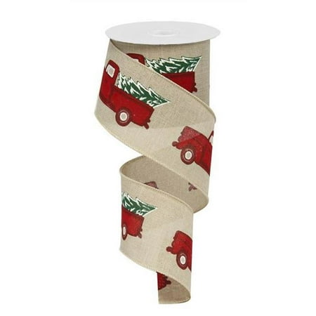 Vintage Red Truck With Christmas Tree Wired Ribbon 2.5