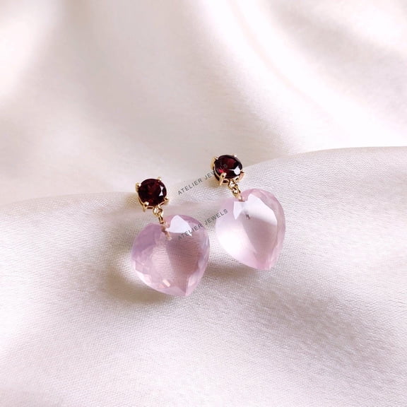 Natural Garnet & Rose Quartz Earrings, 14K Solid Yellow Gold Stud Earrings, Heart Shape Rose Quartz Earrings, January Birthstone Earrings
