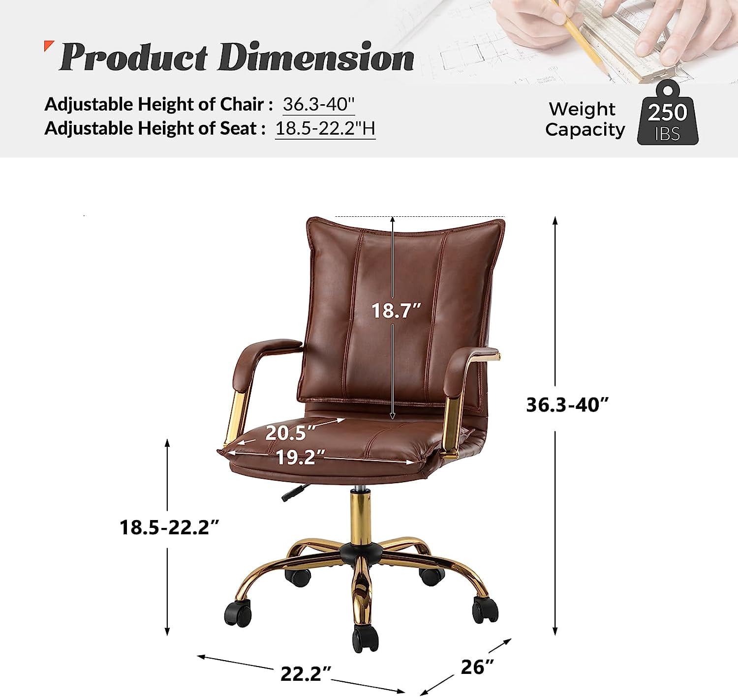 Faux Leather Office Chair Adjustable Swivel Desk Chair with Golden Legs and Arms Upholstered, Brown