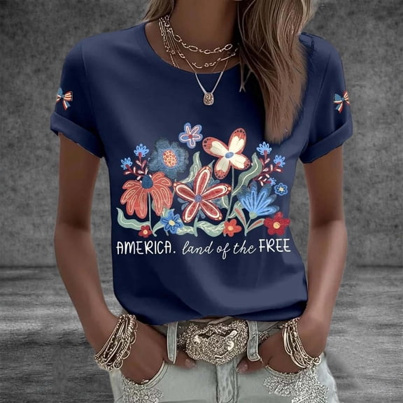 Goodtrade8 Women's American T Shirts Summer Short Sleeve Pullover July 4th Graphic , Red White and Blue Independence Day Crew Neck Fashion Tops for Junior Red White and Blue