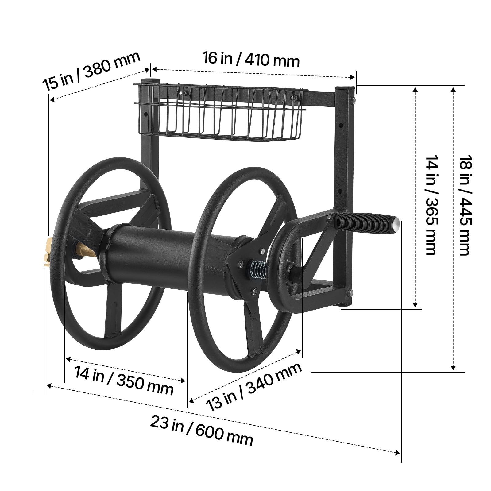 VEVOR Wall Mounted Garden Hose Reel, Holds 125 ft 5/8-inch Hose, Heavy-Duty Water Hose Winder, Space-Saving Design, Outdoor Manual Reel with Brass Fitting and Storage Basket for Yard Lawn