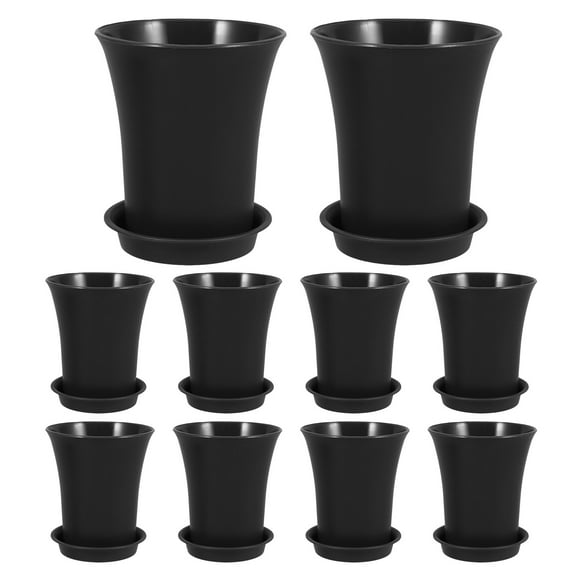 IBASETOY 10Pcs Black Round Plastic Planters with Tray for Indoor Plants and Outdoor Garden Use