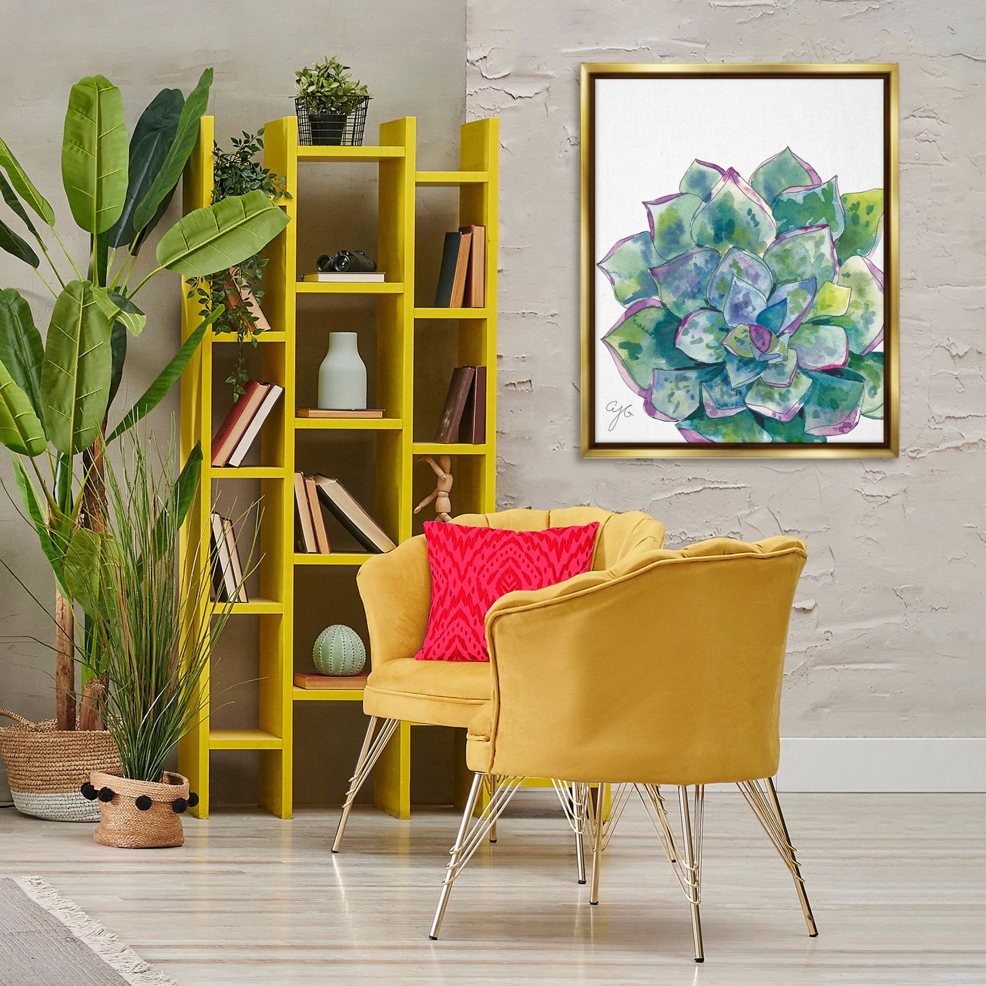 Stupell Industries Abstract Succulent Watercolor Botanical & Floral Painting Gold Floater Framed Art Print Wall Art, 25 x 31