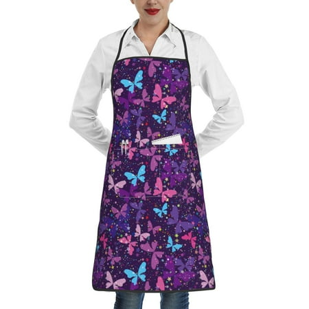 

Lukts Bright Purple Butterflies Pattern Kitchen Apron Waterdrop Resistant Apron with adjustable Aprons for Women and Men with Pockets Cooking Apron