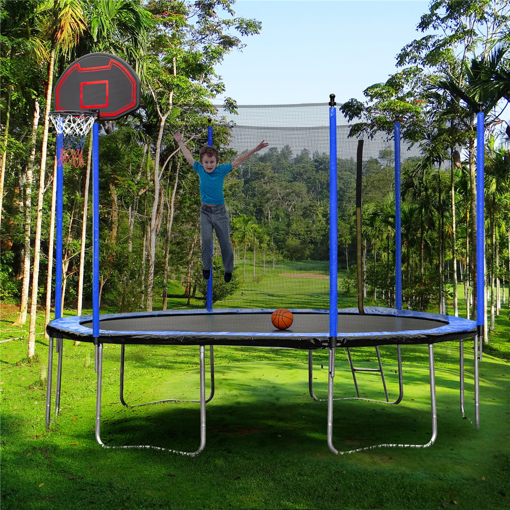 12' Round Trampoline for Kids, New Upgraded Outdoor Trampoline with Safety Enclosure Net, Basketball Hoop and Ladder, Heavy-Duty Trampoline for Indoor or Outdoor Backyard, Holds 264lbs, Blue, I9343