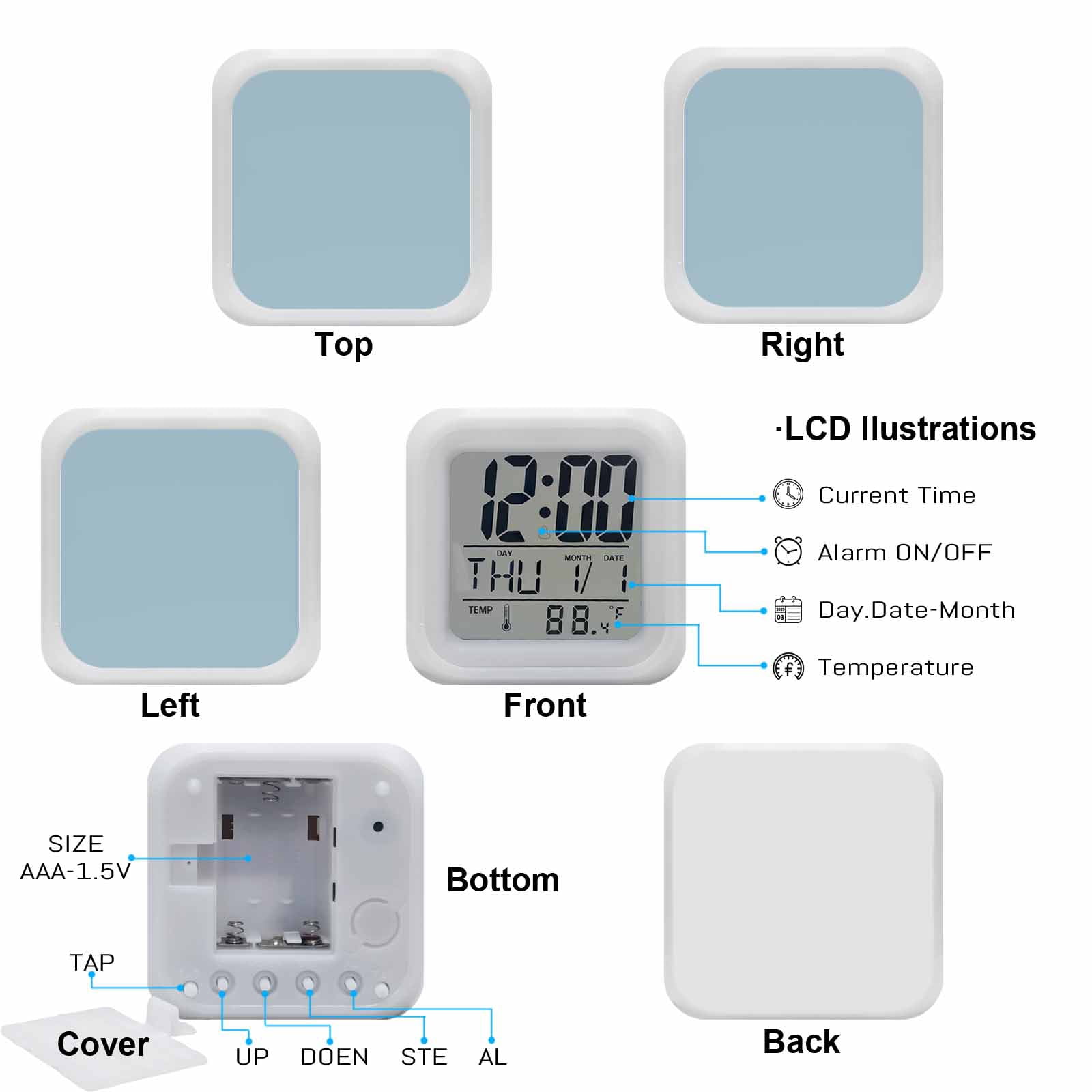 Sky Blue Digital Alarm Clock for Bedrooms, Smart LED Alarm Clock with 7 Color Changing Night Light, Modern Pure Winter Sky Blue Silent Wake Up Clocks for Sleep Study Cooking 3.2"x3.2"