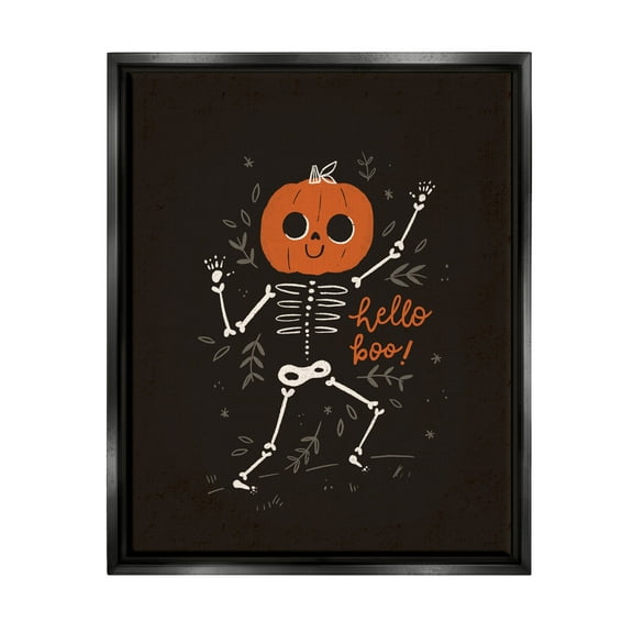 Hello Boo Halloween Smiling Skeleton Holiday Graphic Art Jet Black Framed Art Print Wall Art