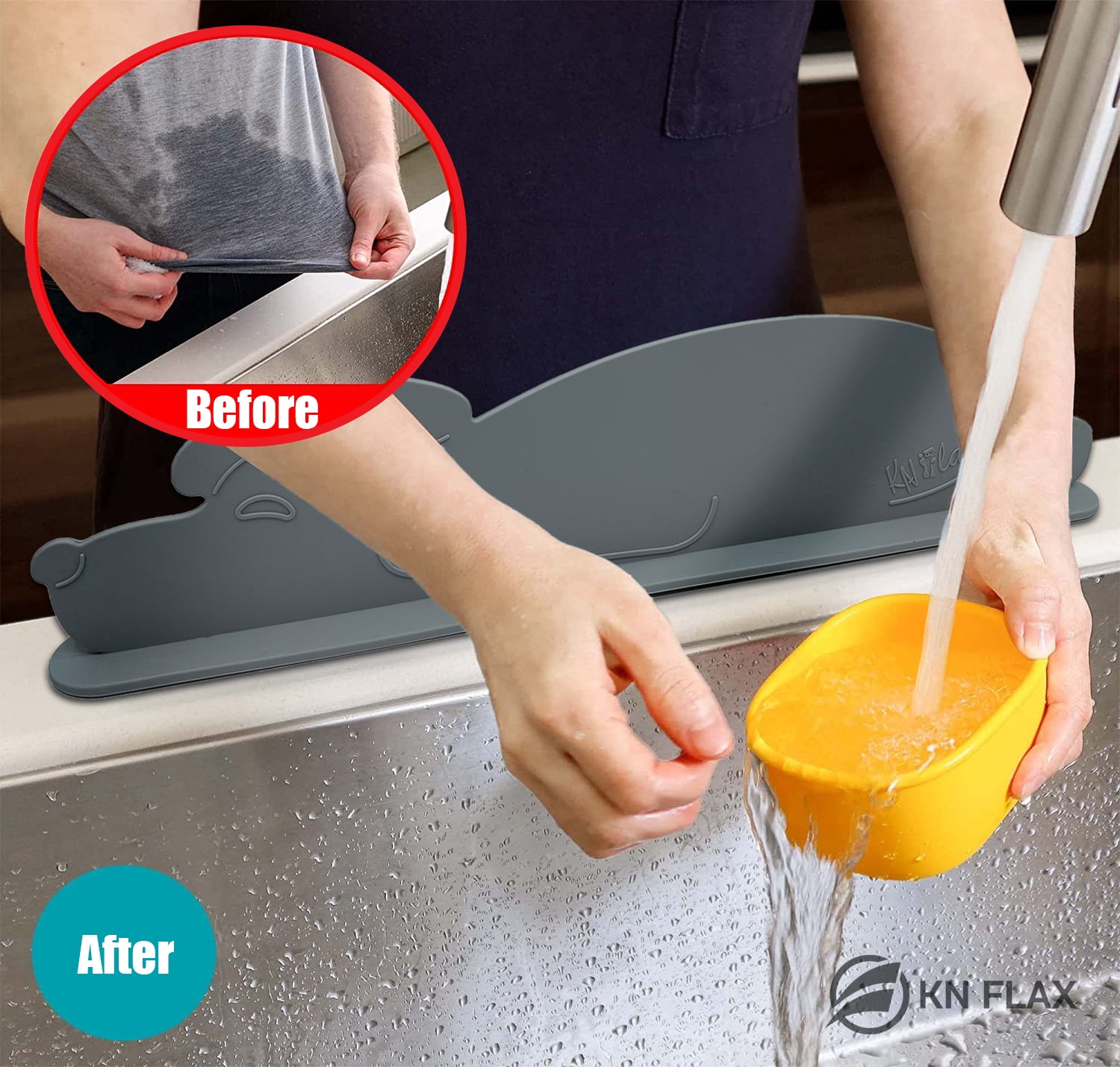 KN FLAX Sink Splash Guard - Silicone Anti-Splash Water Protector for Kitchen Bathroom & Island Sinks - Strong Attached Sucker Suction Cup Base - Premium Faucet Basin Accessories - Baffle Board