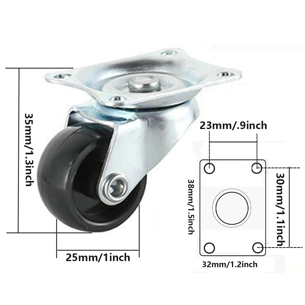 FRKSMD-8 Pack 1" Swivel Caster Wheels Rubber Base with Top Plate & Bearing,Small Casters Trolley Wheels (8)