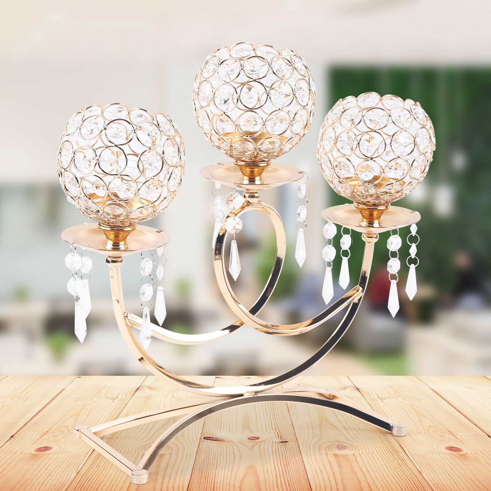 3 Arms Crystal Candle Holder Gold Table Centerpieces for Dining Room Table