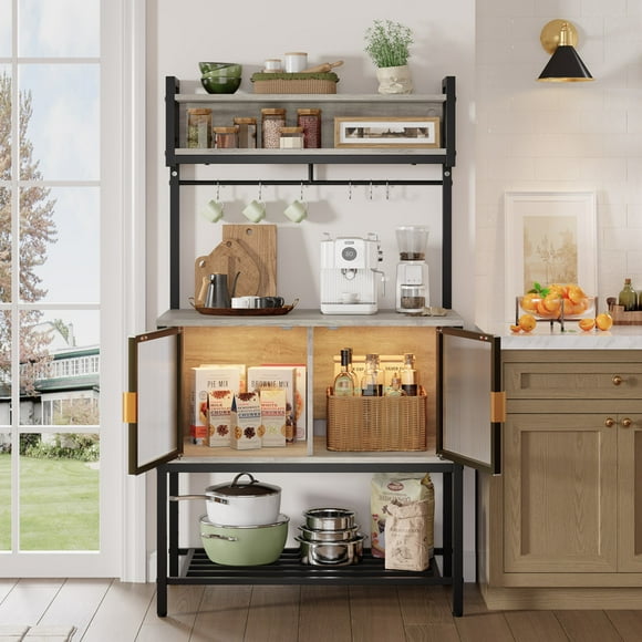 Bestier 5 Tier Kitchen Bakers Rack with Storage Cabinet, 59" kitchen shelf Microwave Stand for Kitchen Living Room, Grey