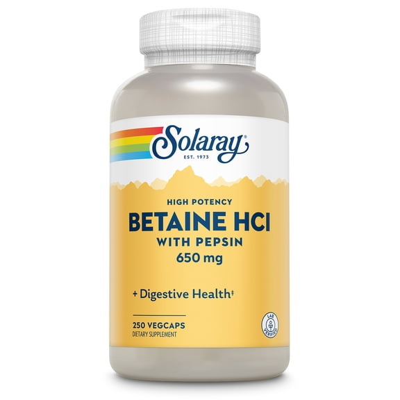 SOLARAY Betaine HCL with Pepsin - High Potency Hydrochloric Acid Formula - Digestive Health Supplement with Digestive Enzymes for Gut Health Support - 60-Day Guarantee, 250 Servings, 250 VegCaps (250 Count (Pack of 1))
