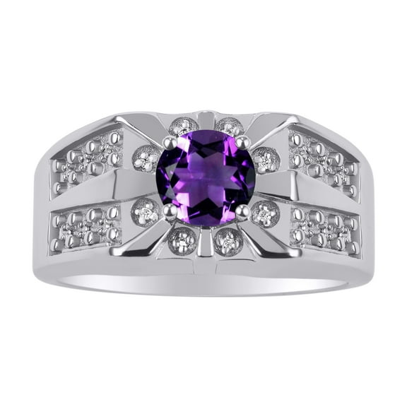 RYLOS Men's Rings 14K White Gold Designer Starburst 7MM Round Gemstone & Diamond Ring Amethyst February Birthstone Rings Size 8