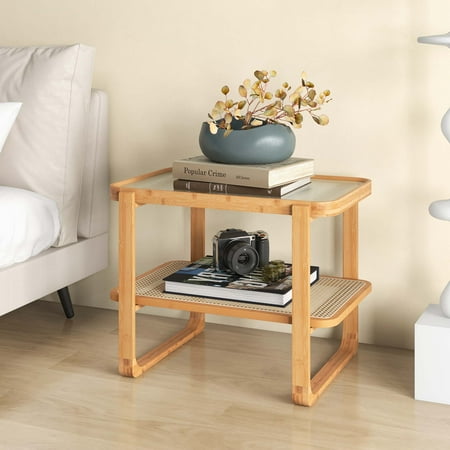 Costway 1 PC Bamboo Side Table with Rattan Shelf Glass Top Nightstand Small Sofa End Table - Natural