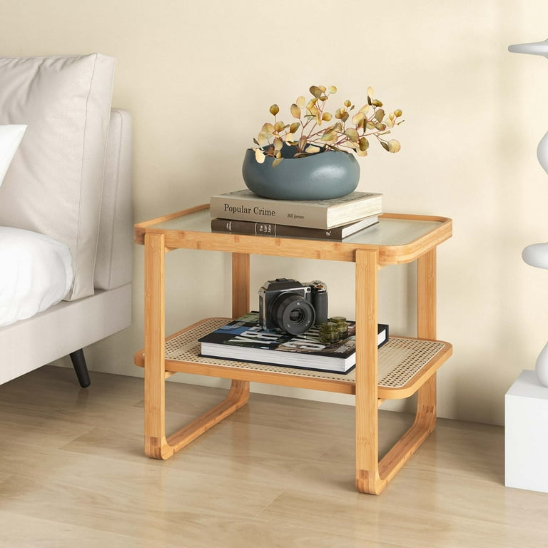 Costway Bamboo Side Table, Glass Top, Rattan Shelf, Living Room