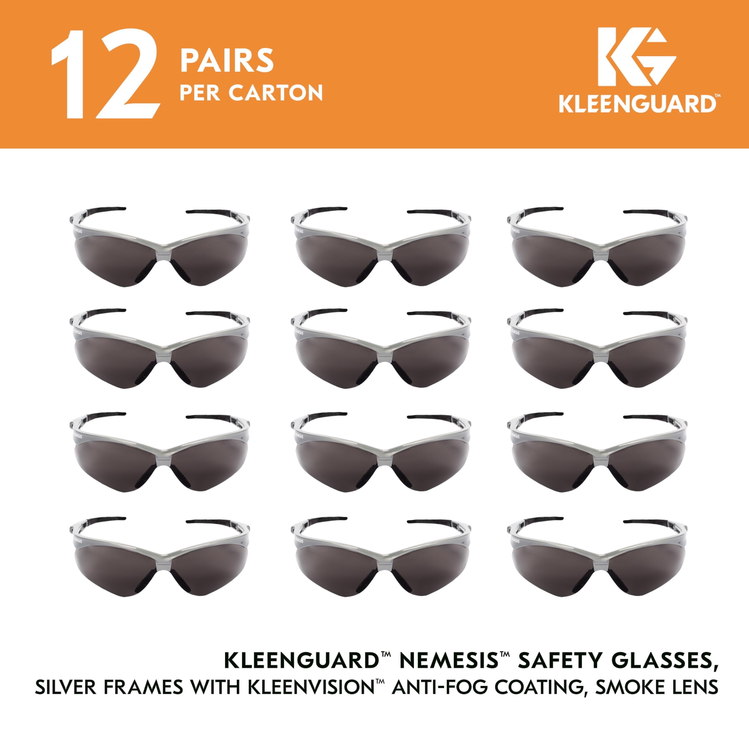 KleenGuard V30 Nemesis Safety Glasses 47383, Smoke Safety Sunglasses Anti-Fog Lens with Silver Frame, Pack of 12