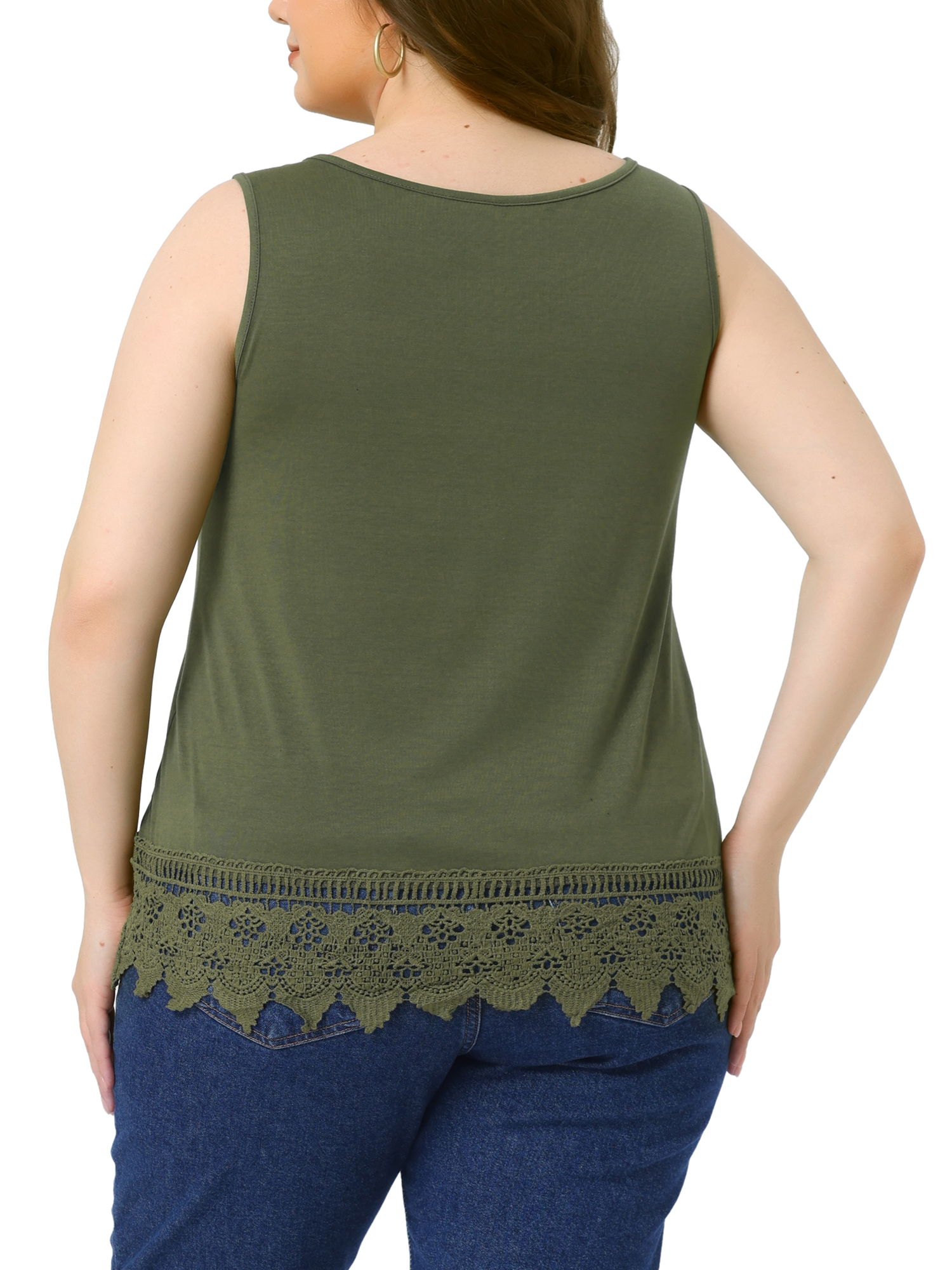 DARING DIVA Women's Plus Tank Tops Round Neck Swing Lace Panel Flowy Tops 4X Army Green