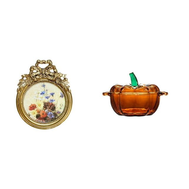 Marco de fotos redondo,Pequeño cuadro dorado vintage para la pared,Marco de fotos redondo decorativo de resina con ornamentos,Plato de dulces,Dulcero de cristal con tapa,tarro de caramelos