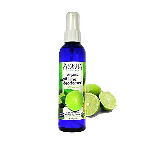 Amrita Aromaterapia Desodorante en spray de lima orgánica Sin parabenos Eliminador de olores corporales Mezcla de aceites esenciales 4 oz.