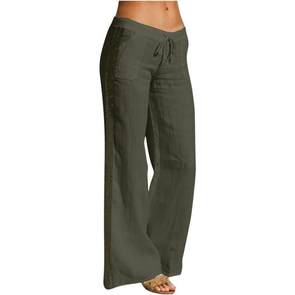 WREESH Womens Cotton Linen Pants Casual High Waist Loose Pocket Straight Buttons Long Pants Olive Green