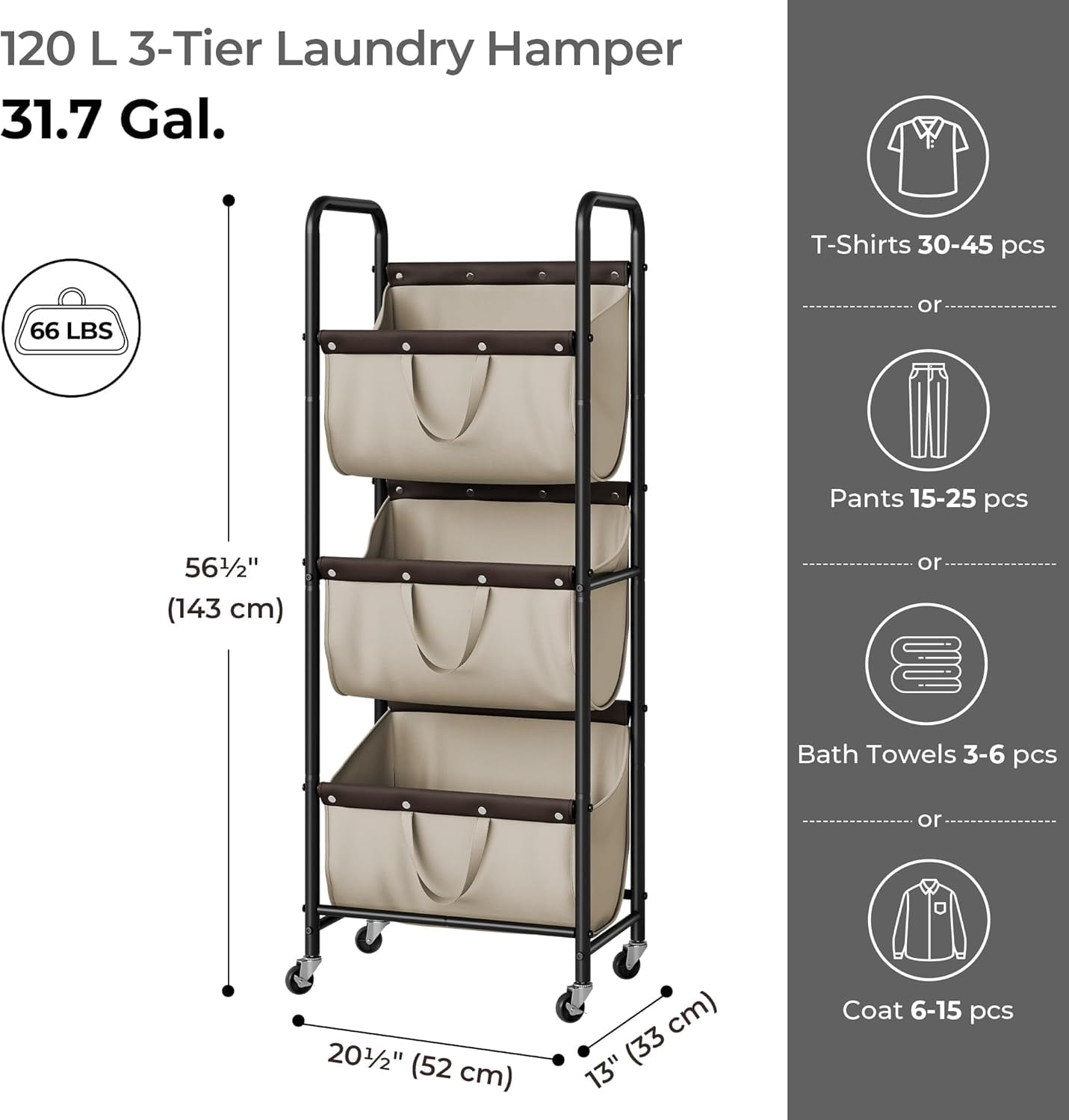 GRANNY SAYS 3-Tier Laundry Basket with Wheels, 120L Rolling Laundry Hamper Sorter, Metal Frame Laundry Organizer, 3 Bin Removable Bags, Light Khaki