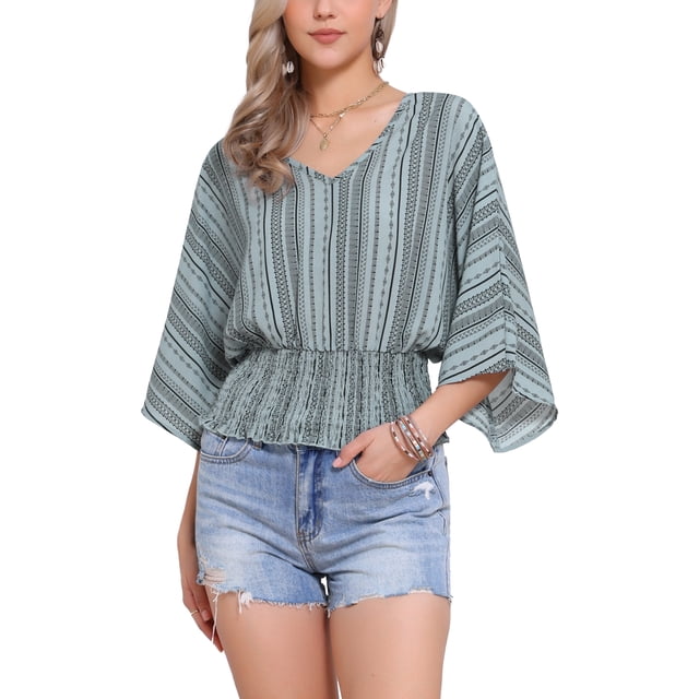INSPIRAR CHIC Tops para el verano de mujeres, blusa de gasa con estampado de cuello en V, blusas de manga batwing smocked S gris claro verde