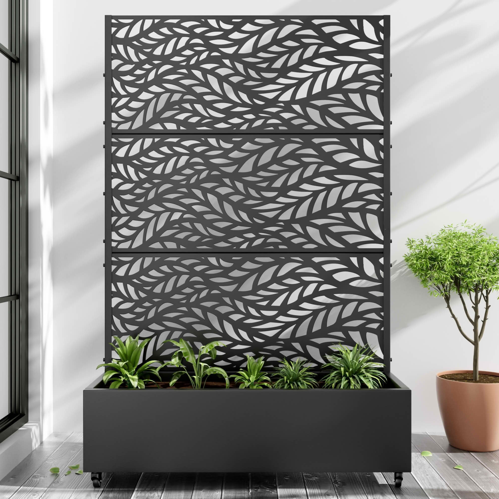 MAYEERTY 72x47x16 Inch Black Metal Rectangular Planter Box with Trellis, 3 Piece Set for Outdoor Garden & Patio