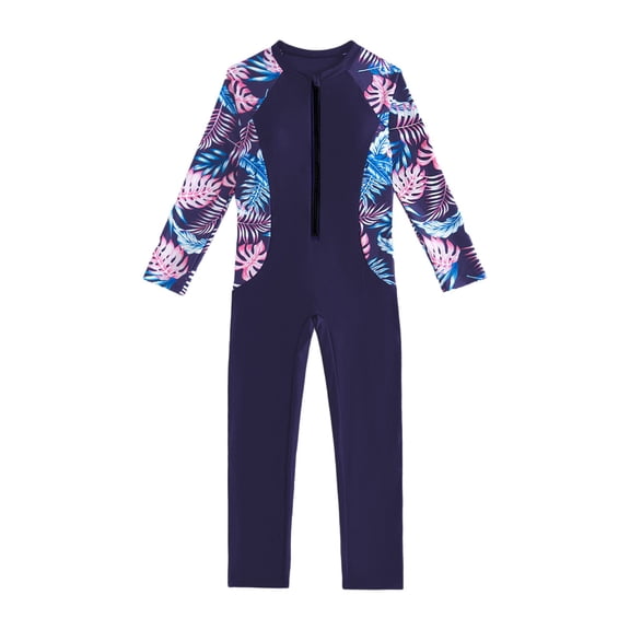 CAIVO Child Girls One-Piece Rash Guard Swimsuit Kids Long Sleeve Swimwear Zipper Crewneck Floral Print Summer Full Wetsuits For Swimming Surfing Diving
